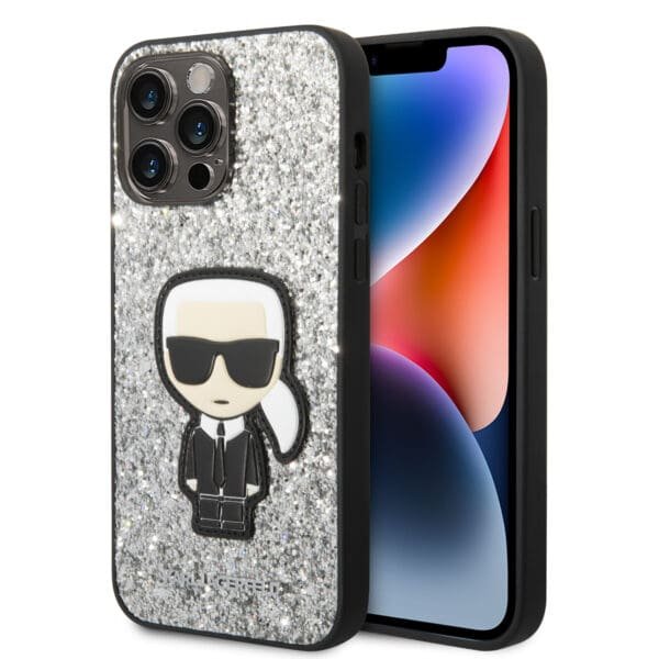 Karl Lagerfeld Glitter Flakes Case with Ikonik Patch and Metal Logo Θήκη προστασίας από σιλικόνη – iPhone 14 Pro Max (Glitter Silver)